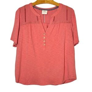 NWOT Knox Rose Women's Large Short Sleeve Blouse V-Neck Lace Yolk, Pink